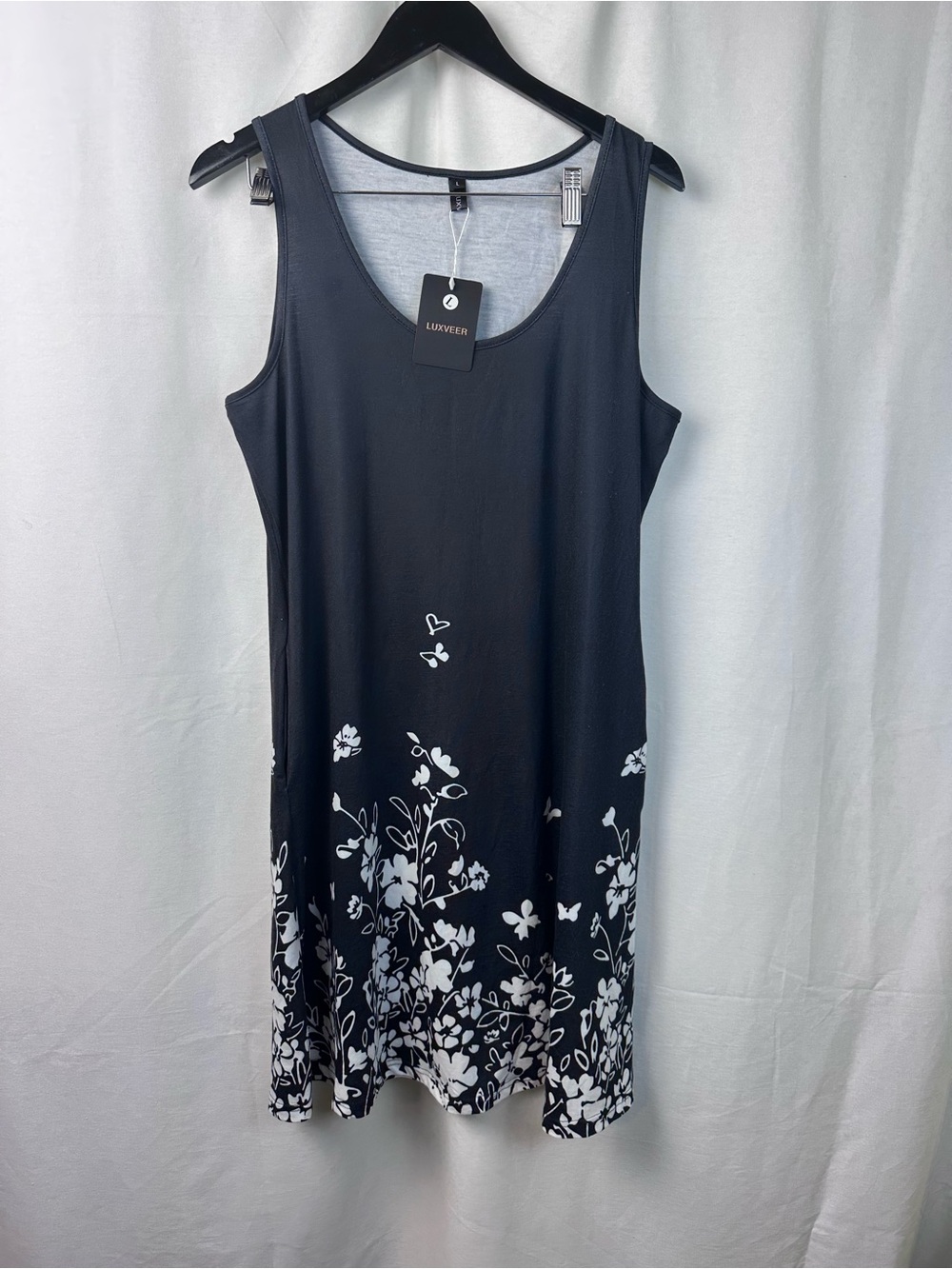 Luxxel Black Midi Dress with White Floral Hem